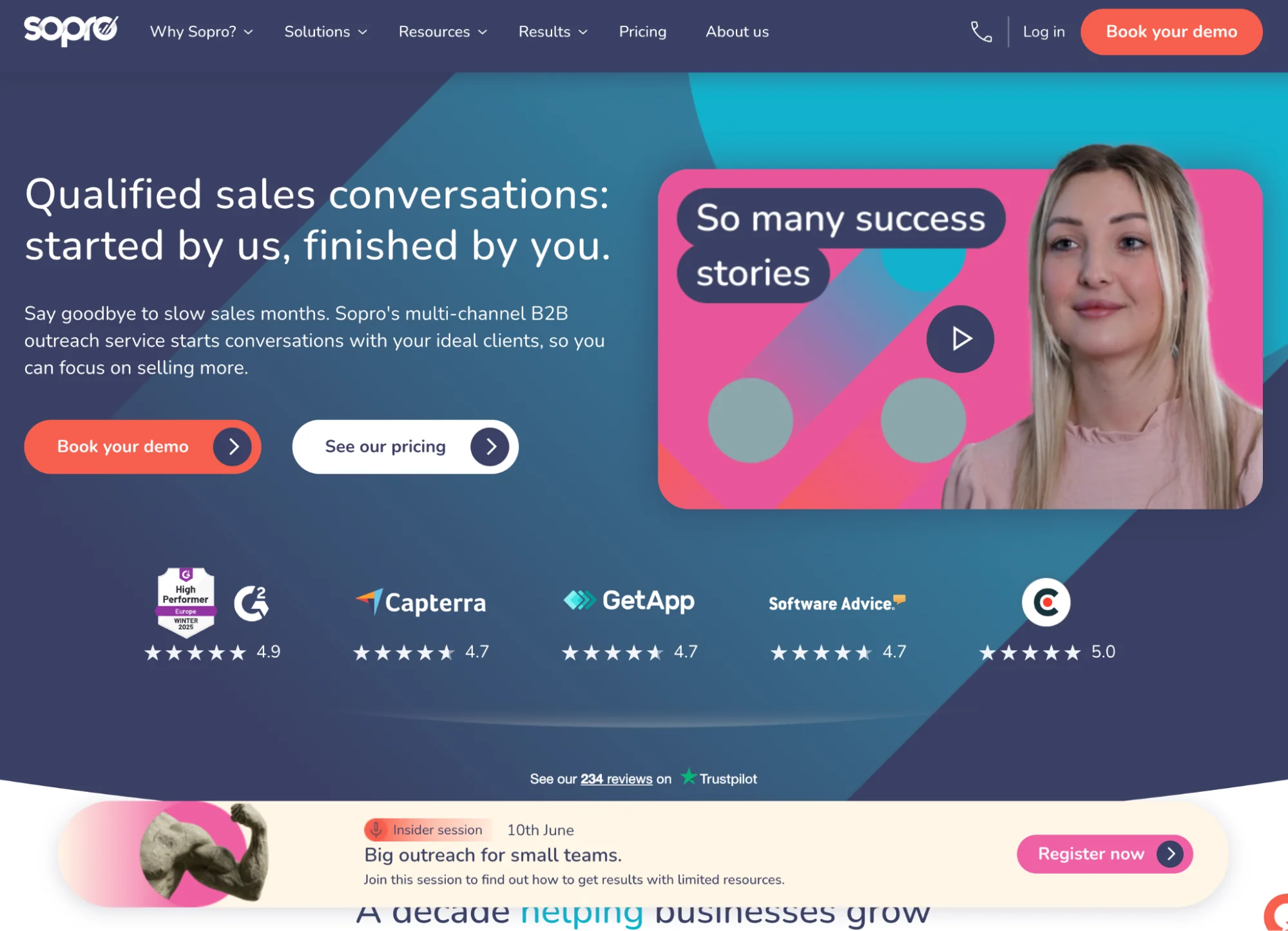 Sopro homepage: fully-managed B2B prospecting service running Clay-enhanced cold email, LinkedIn, and display