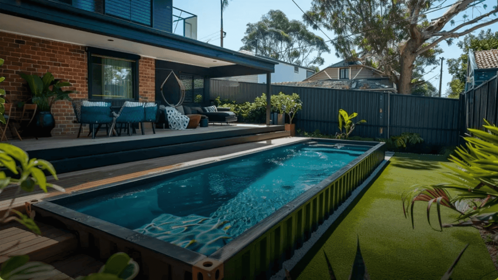 Completed shipping container pool with a custom deck in an Ohio backyard