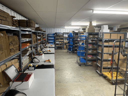 A small warehouse with packing stations