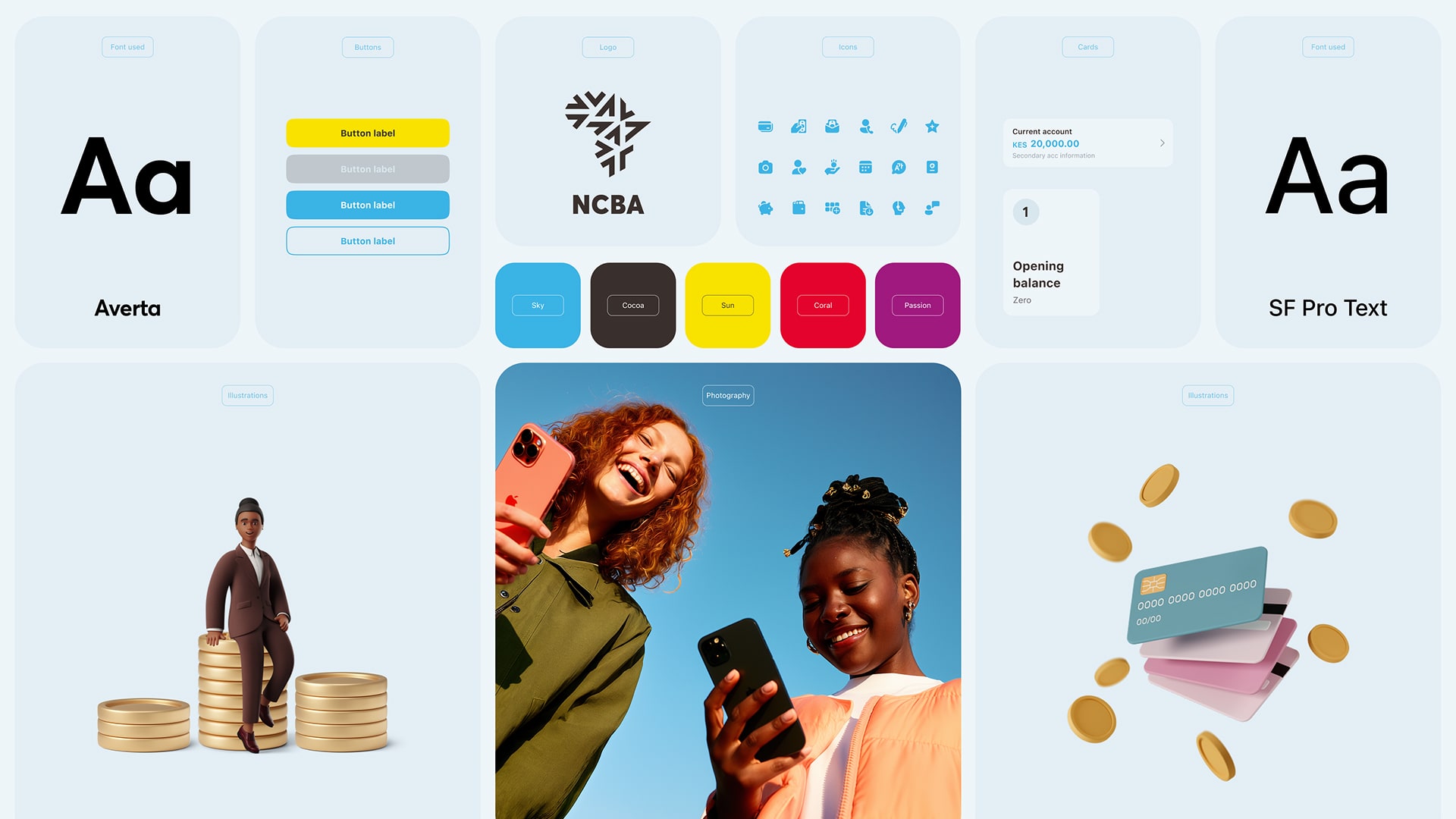 NCBA Bank design system overview showing typography, buttons, colour palette, icons, and illustrations