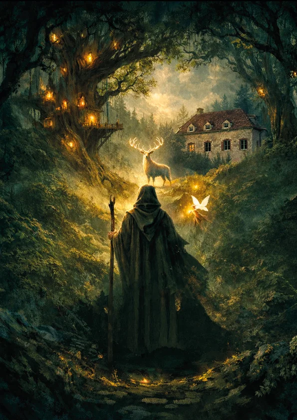 Décor fantastique de la chambre La Forêt de Tuilwyn inspiré d’un univers de fantaisie au gîte La Tuilerie du Cinéaste