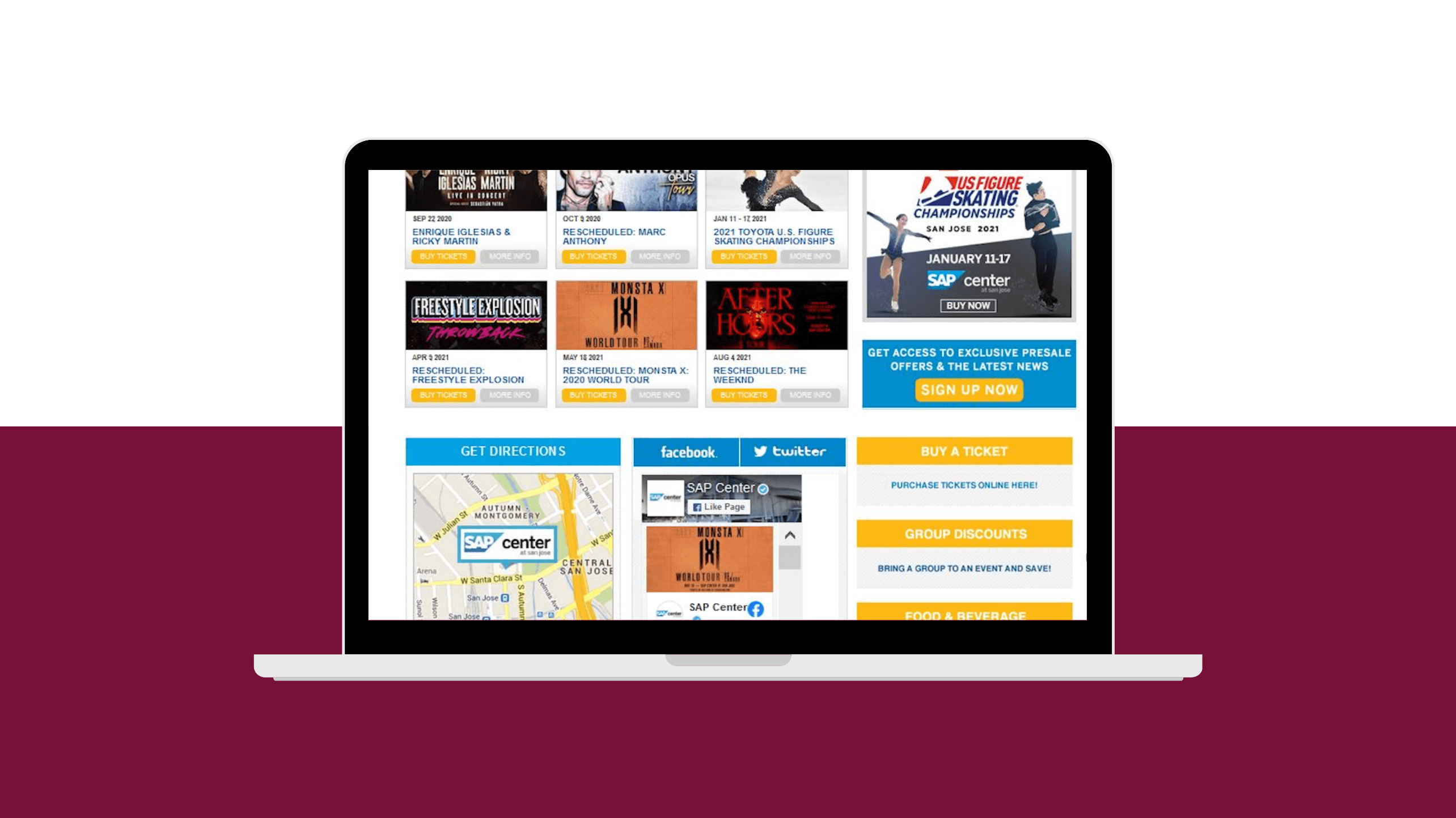 SAP Center's homepage before the website redesign