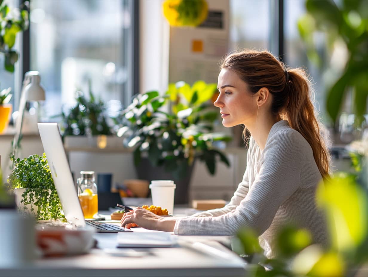 A woman sitting at her desk, focused on her laptop, in a bright, plant-filled workspace. This scene emphasizes the importance of a supportive work environment for enhancing sleep health and overall well-being, crucial for optimizing employee performance in organizations.