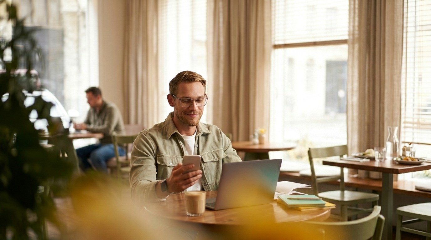 Man using phone and laptop at coffee shop, working remotely
