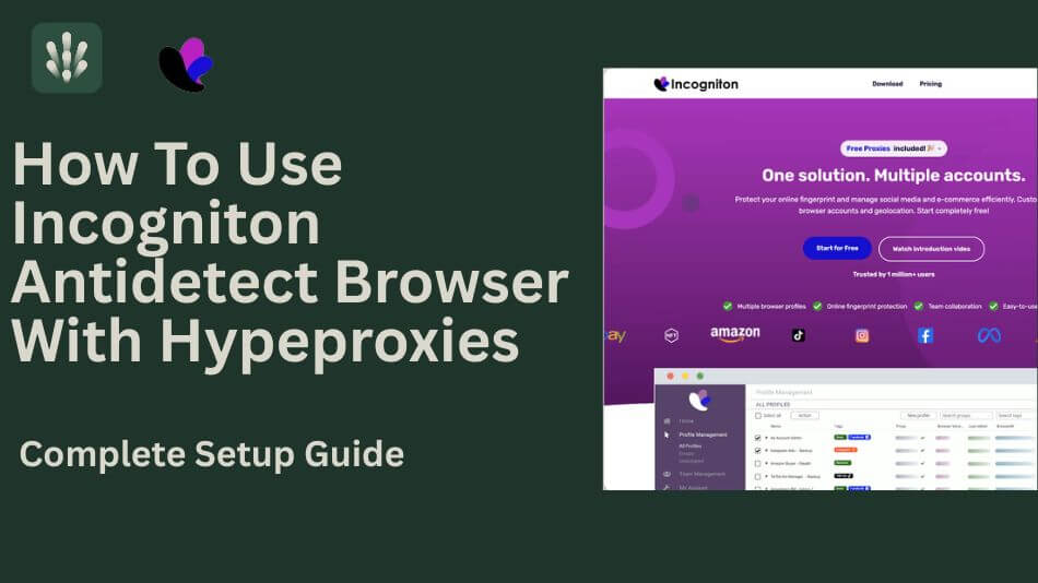 How To Use Incogniton Antidetect Browser With Hypeproxies article banner featuring the Incogniton website interface and dashboard setup guide on a dark green background. In left hand side upper corner HypeProxies logo.