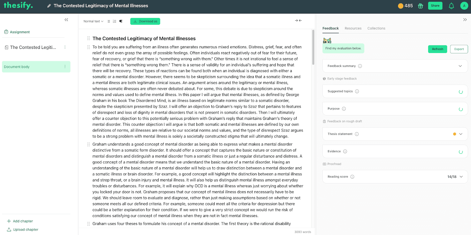 Full thesify workspace displaying a philosophy essay on the contested legitimacy of mental illnesses with thesis, evidence, and purpose feedback in the right sidebar.