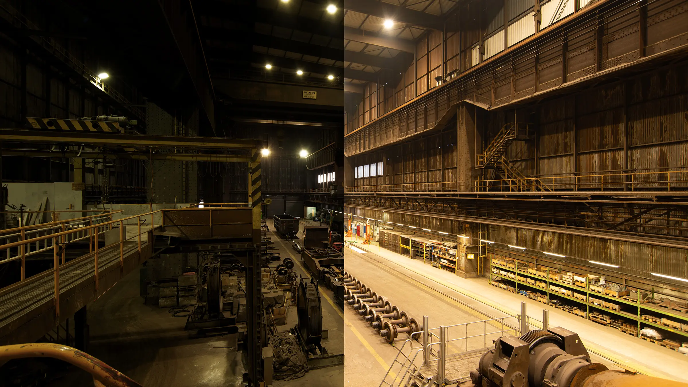 Halle im Vorher-Nachher-Vergleich: alte Beleuchtung vs. moderne LED-Lichtoptimierung durch CONLED