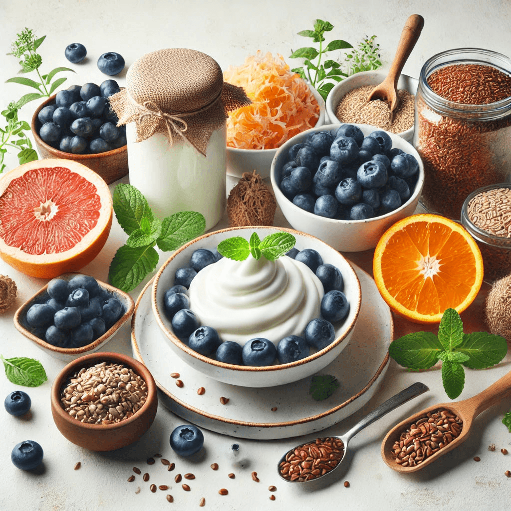 The image features a variety of fruits on plates 