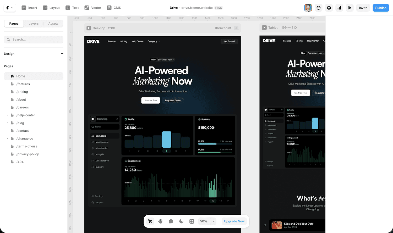 Framer editor interface showing canvas layout
