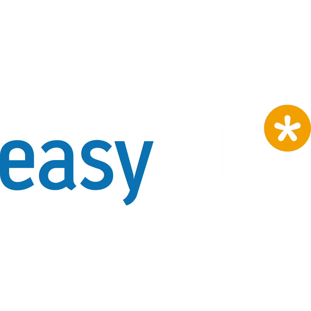 Logo design featuring the text "easy" in blue and "btw" in white, with a small star symbol in yellow.