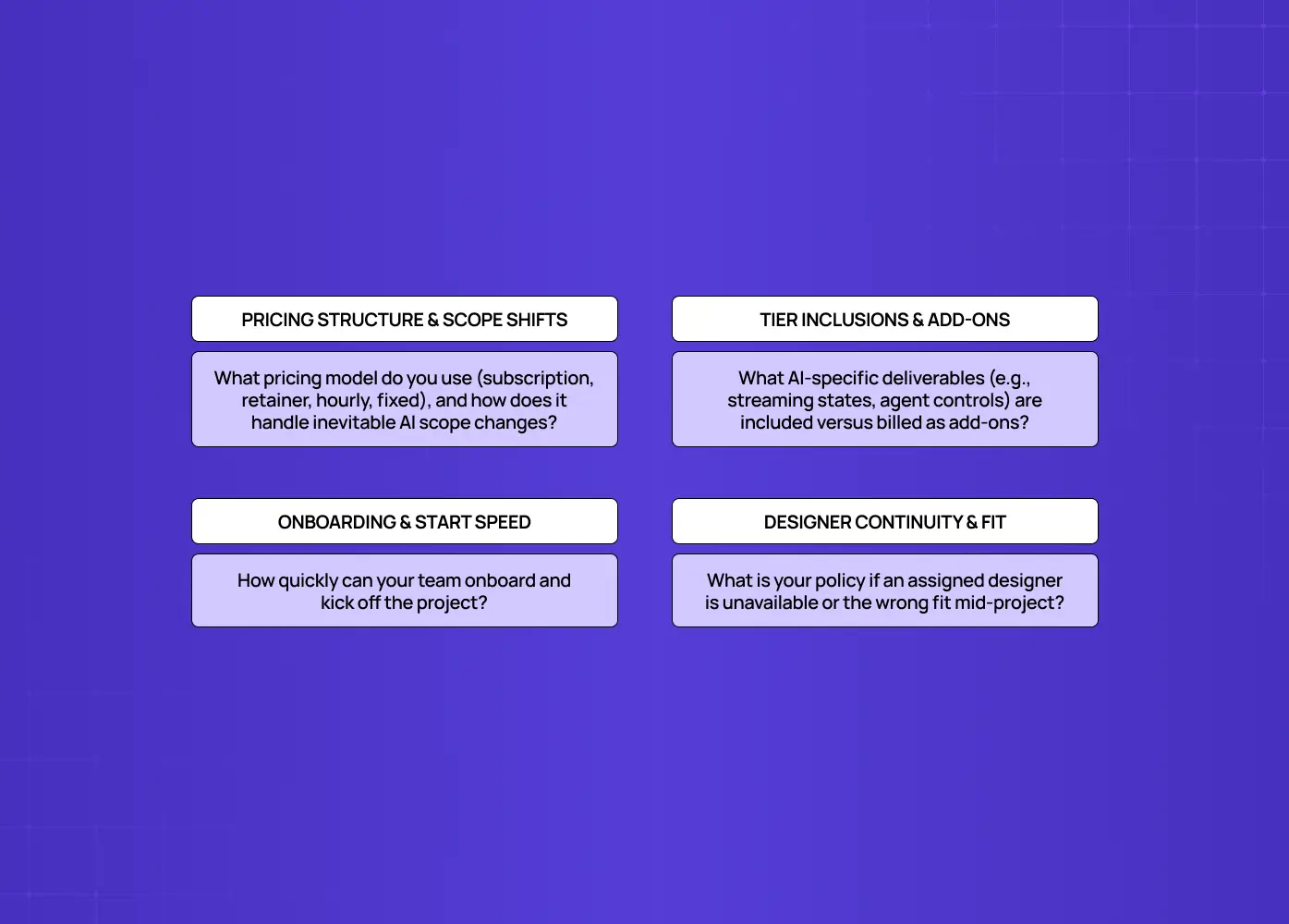 Slide titled “Questions to Ask,” featuring questions about adoption data, live error handling, building trust, pricing and scope shifts, tier inclusions, onboarding speed, and designer continuity.
