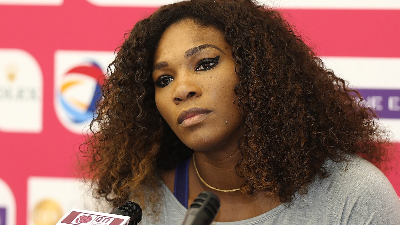 Close-up of Serena Williams at a tennis press conference, face clearly visible