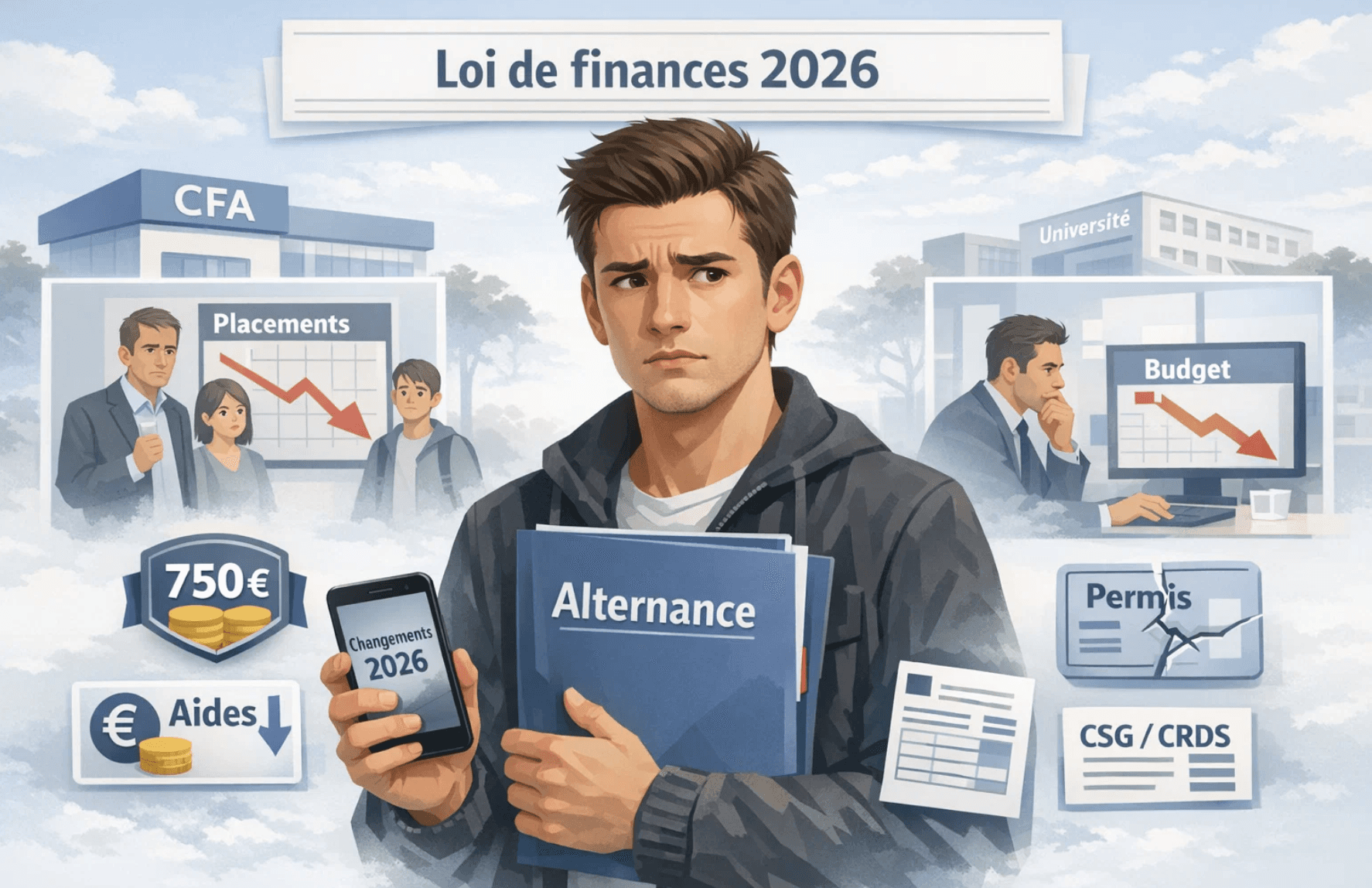 Jeune alternant inquiet tenant un dossier « Alternance » et un téléphone « Changements 2026 », avec en arrière-plan un CFA et une université, un recruteur face à un budget en baisse, et des pictogrammes « Loi de finances 2026 », aides en baisse, 750 €, permis fissuré et CSG/CRDS.