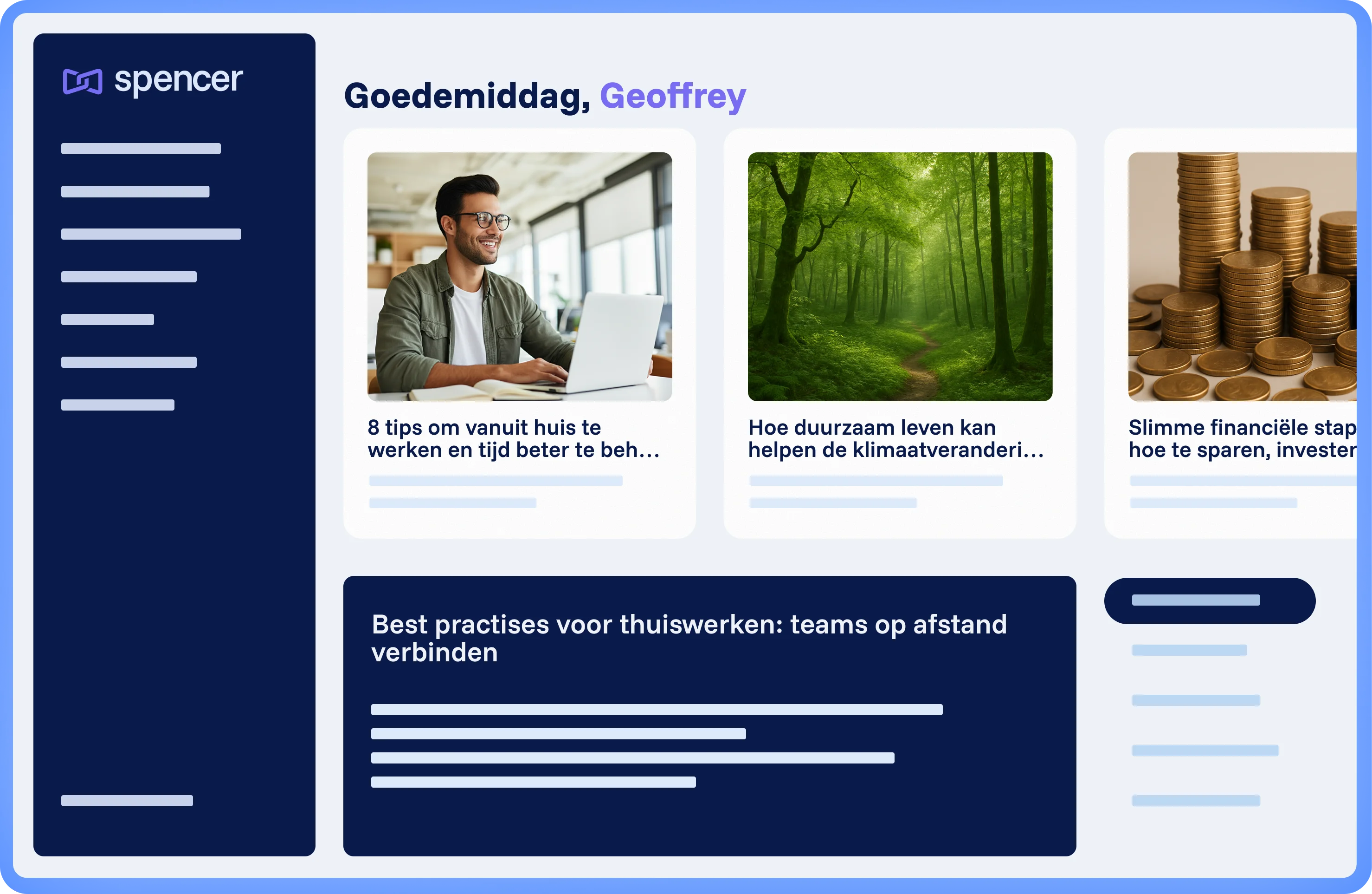 Spencer Desktop platform voor Interne communicatie met artikelen, zijbalknavigatie en persoonlijke begroeting