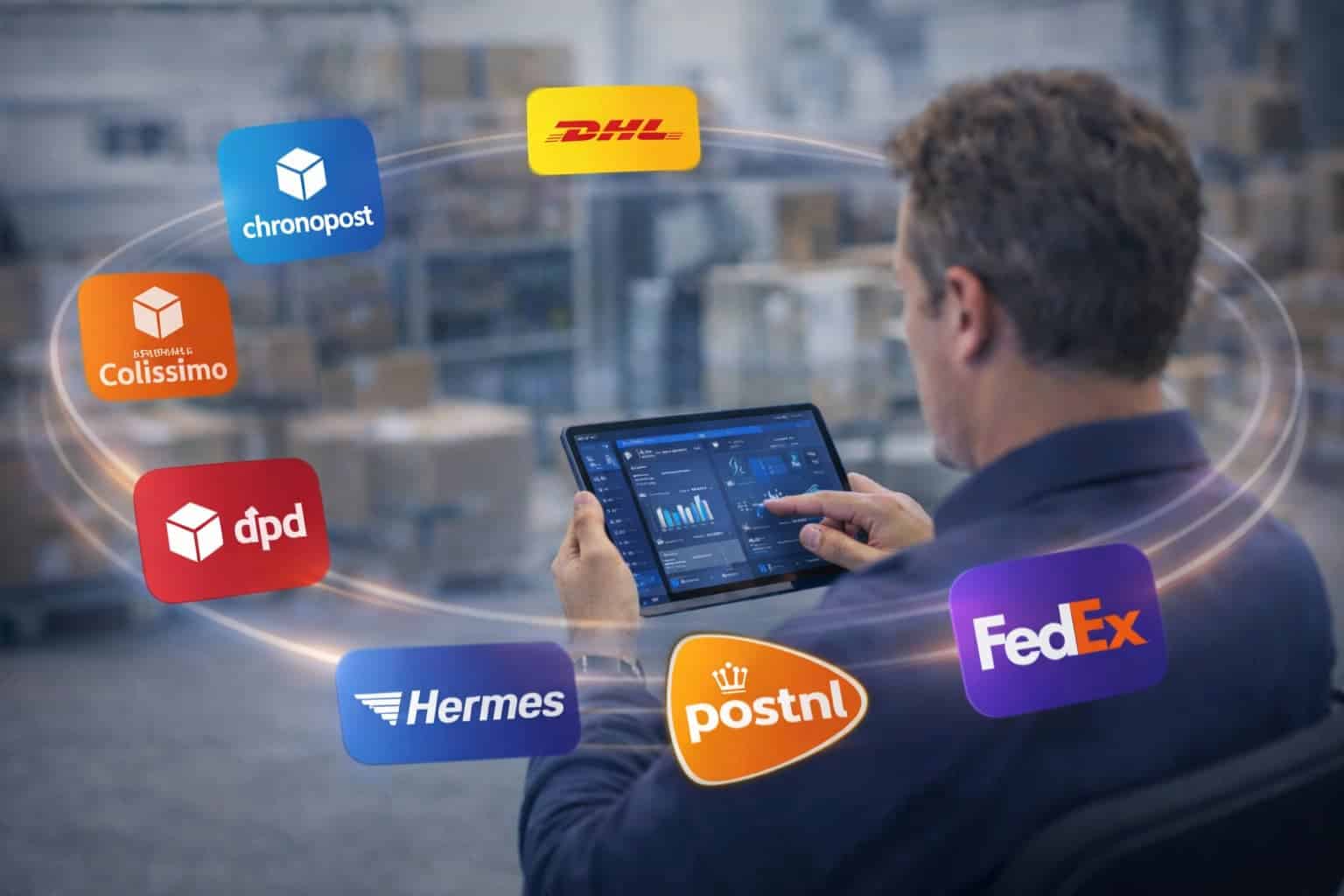 Logistics manager in a modern warehouse reviewing data on a tablet, with multiple carrier logos including DHL, UPS, DPD, PostNL, and FedEx orbiting around him to represent a real-time multi-carrier shipping environment.