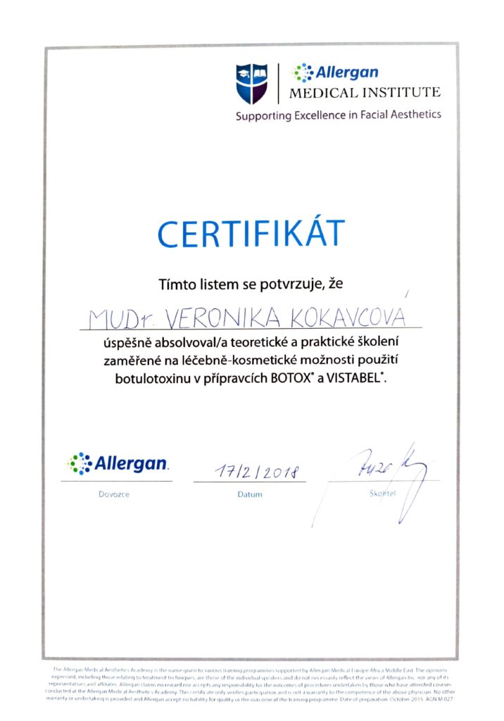 Certifikát pre MUDr. Veroniku Hamráčkovú Kokavcovú o úspešnom absolvovaní školenia aplikácie botulotoxínu BOTOX a VISTABEL