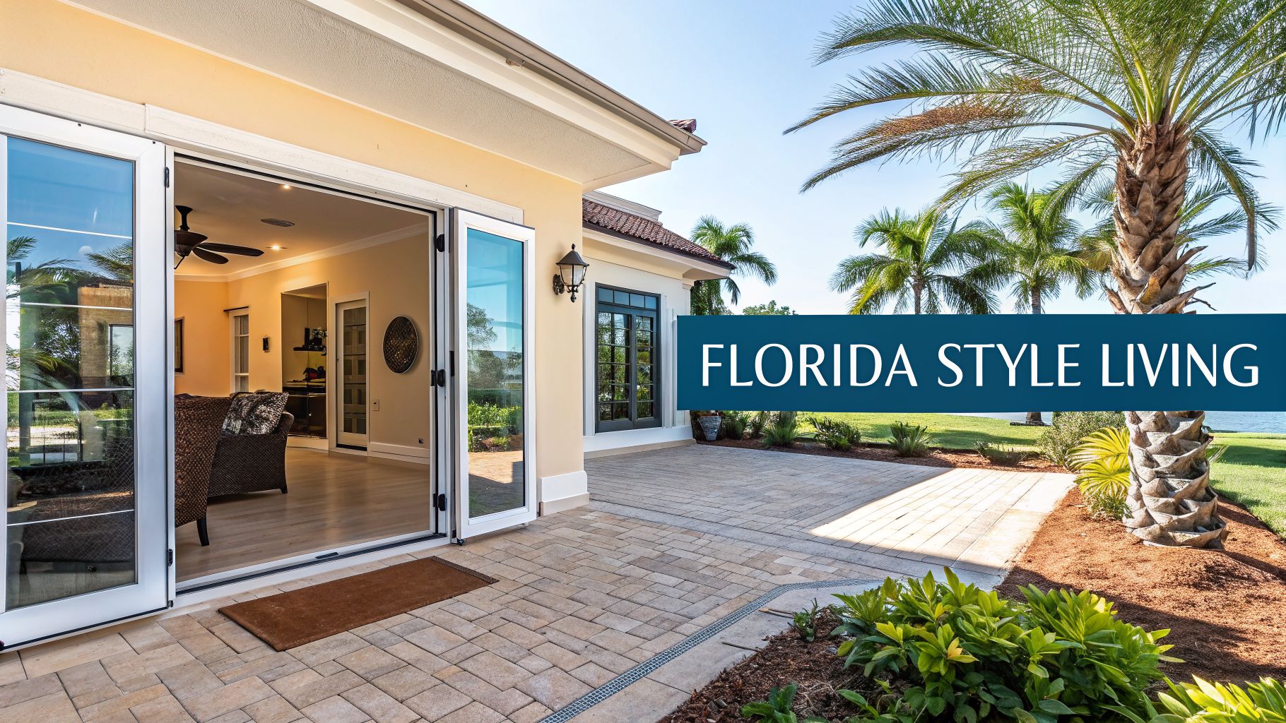 Exterior of a Florida-style home with open glass doors to a sunny patio and palm trees.