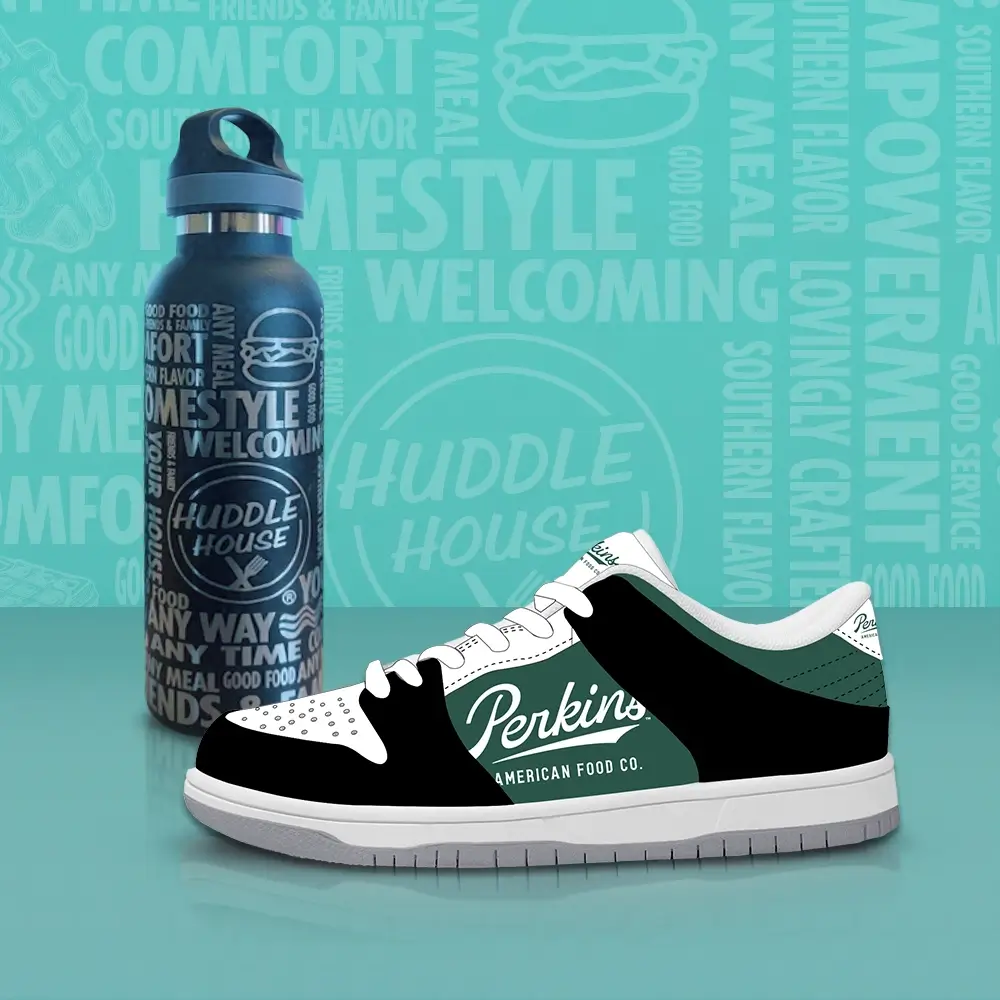 Perkins and Huddle House restaurants create custom branded shoes for employees and custom water bottles.