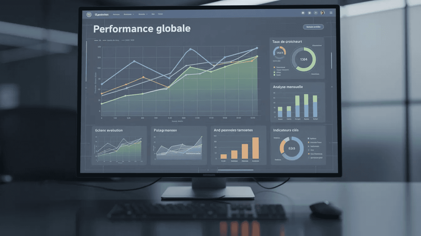 L'image montre un écran d'ordinateur affichant des graphiques de performance liés à une stratégie marketing, mettant en évidence des données sur le trafic et l'engagement des utilisateurs sur les réseaux sociaux. Ces graphiques illustrent les résultats d'une analyse approfondie des performances d'un site web, essentielle pour optimiser la présence en ligne d'une entreprise.