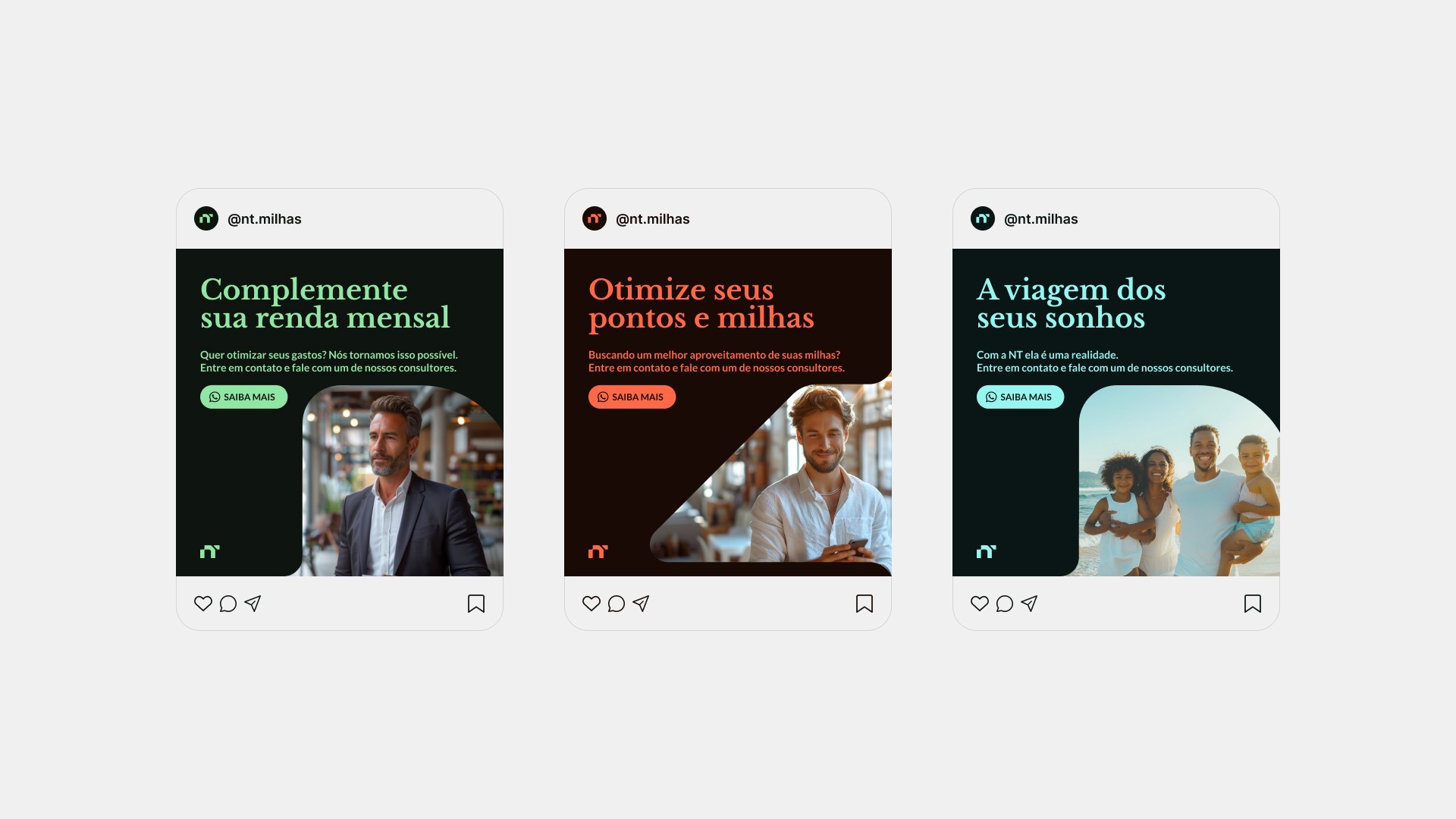 Três publicações da marca para redes sociais com fotos e textos institucionais.