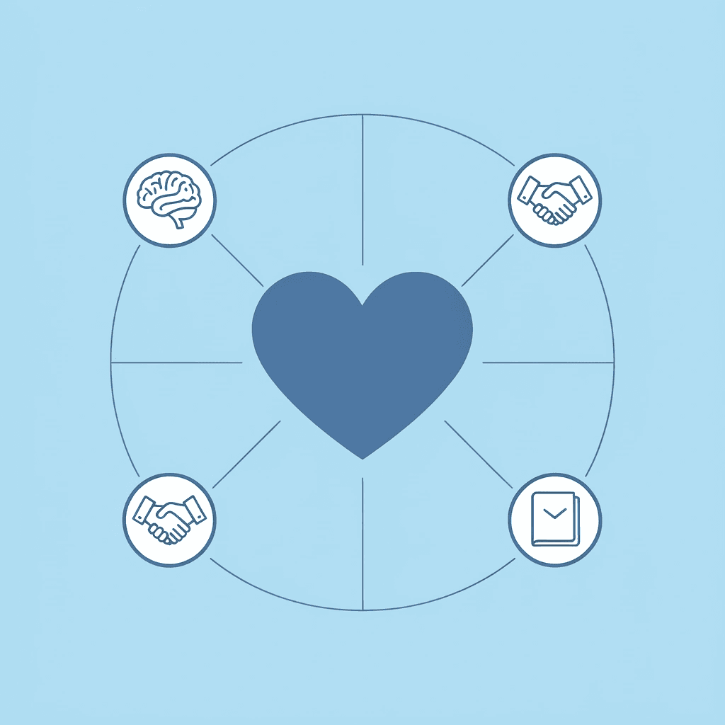 Central hub labeled 'Kindergarten Readiness' connected to four surrounding icons representing emotional preparation, familiarity, confidence, and social skills