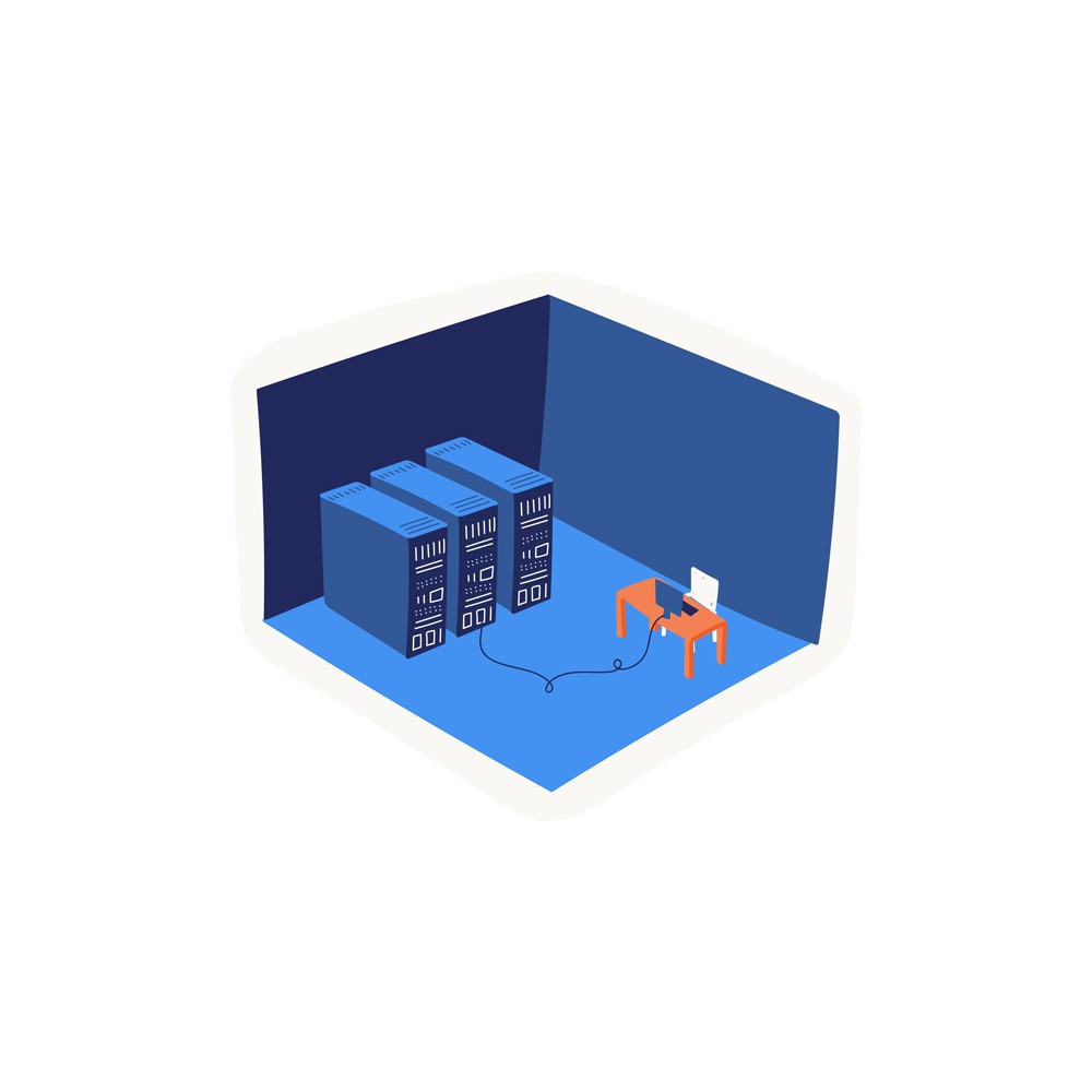 Een isometrische weergave van een serverruimte in een blauwe kamer. Er staan drie grote blauwe servers opgesteld, waarvan er één met een zwarte kabel verbonden is aan een klein bureau met een computer en een witte stoel.