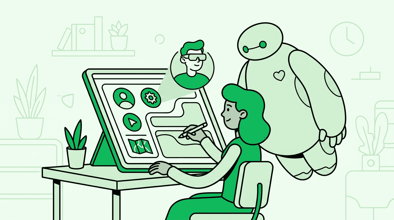 UI/UX product designer making app design for AR glasses and cute gentle Baymax robot. Elegant and non-repetitive 