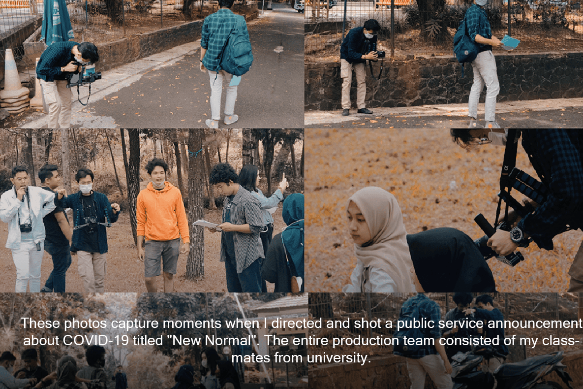 These photos capture moments when I directed and shot a public service announcement about COVID-19 titled "New Normal". The entire production team consisted of my classmates from university.