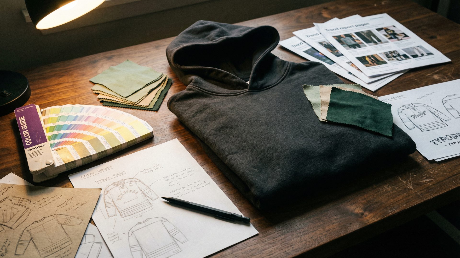 A design studio flat-lay on a dark walnut desk: a charcoal garment-dyed heavyweight hoodie is laid flat in the center, surrounded by fabric swatches in sage green, sand, and forest green, a Pantone color guide fanned out to the left, several printed design sketches showing hockey jersey layouts and typographic treatments, and a small stack of printed trend report pages from a major retailer in the upper right corner.