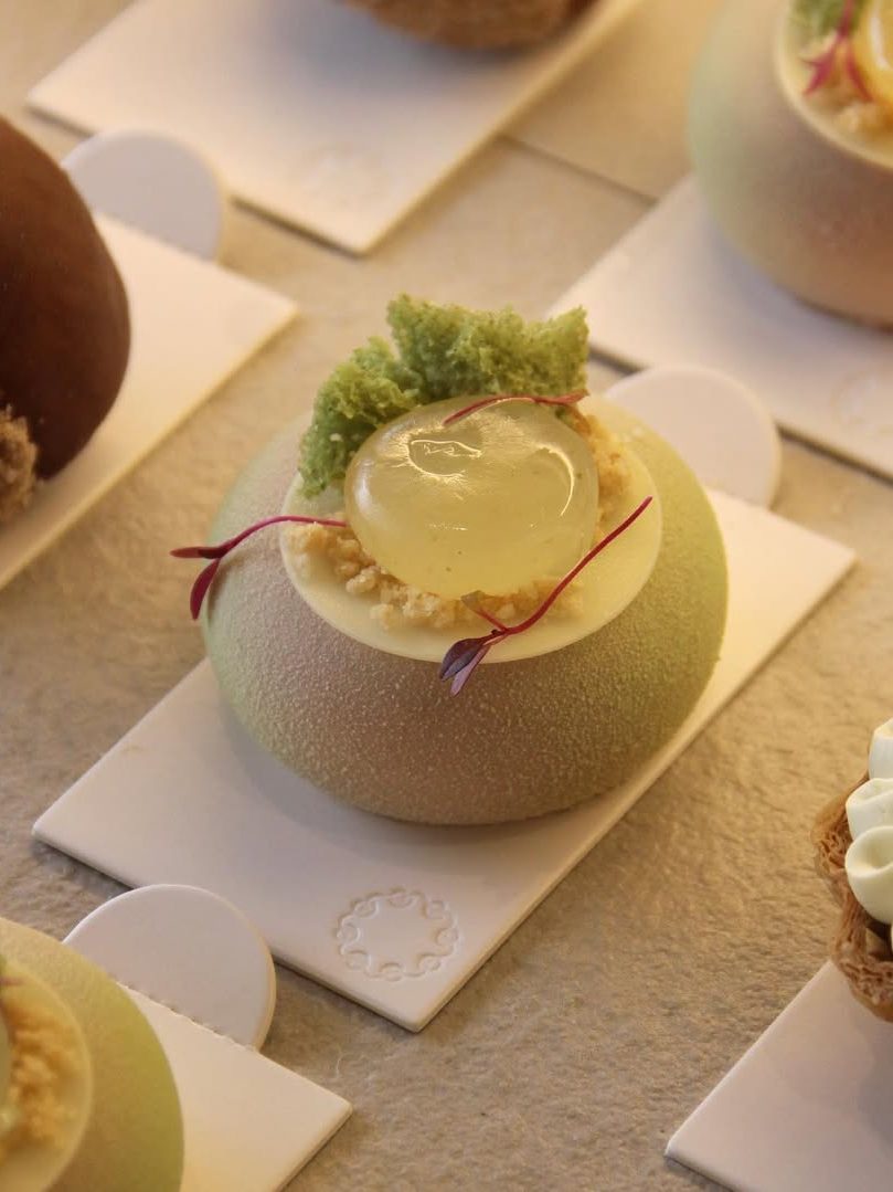 An assortment of elegantly designed desserts, featuring round pastries with colorful coatings, garnished with green leaves, edible flowers, and gelatin or fruit toppings on a white serving tray.