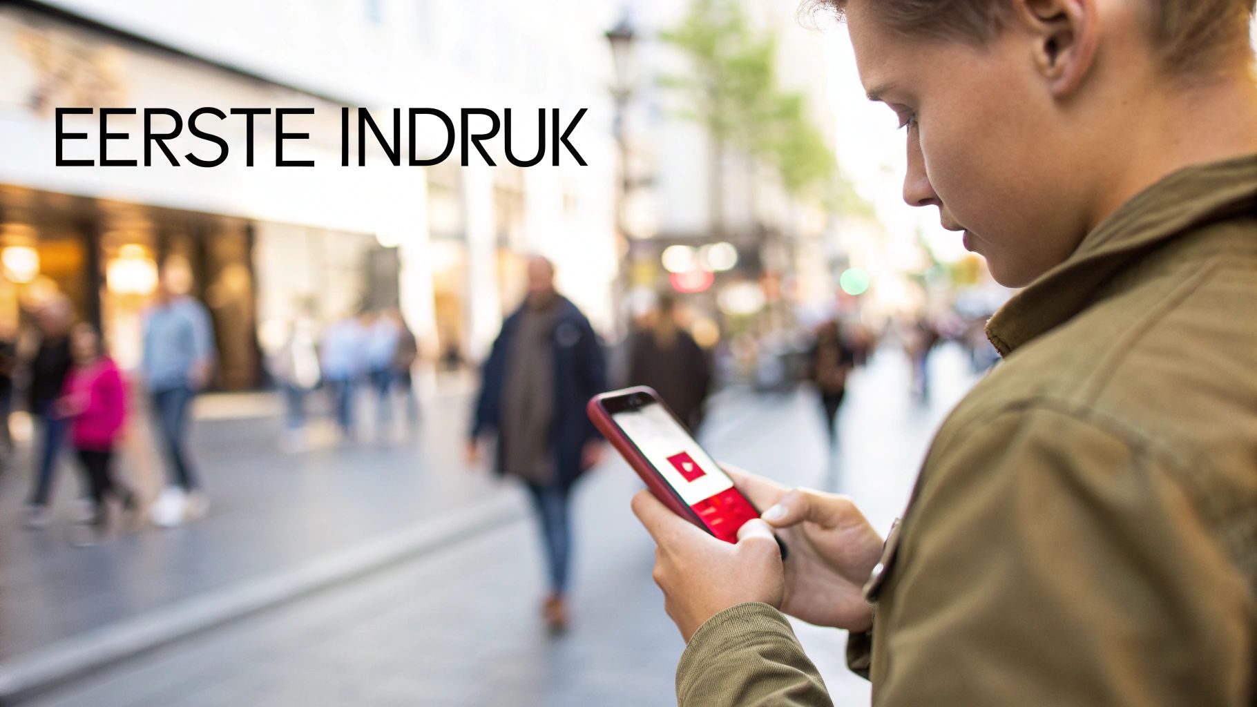 Een persoon kijkt op een smartphone met een harticoon, op een drukke straat. Tekst: Eerste Indruk.