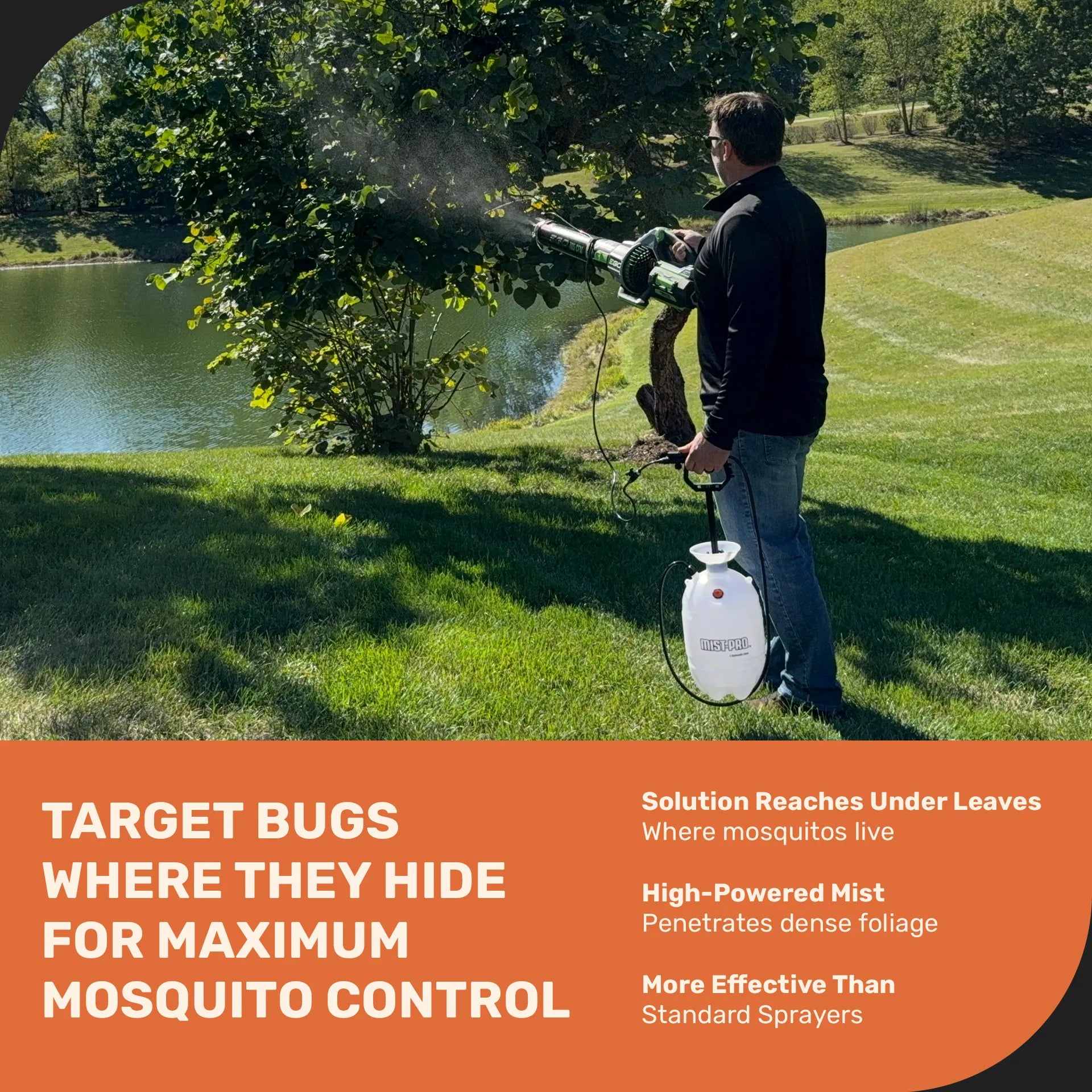 Person using a backpack sprayer in a grassy area with a lake in the background