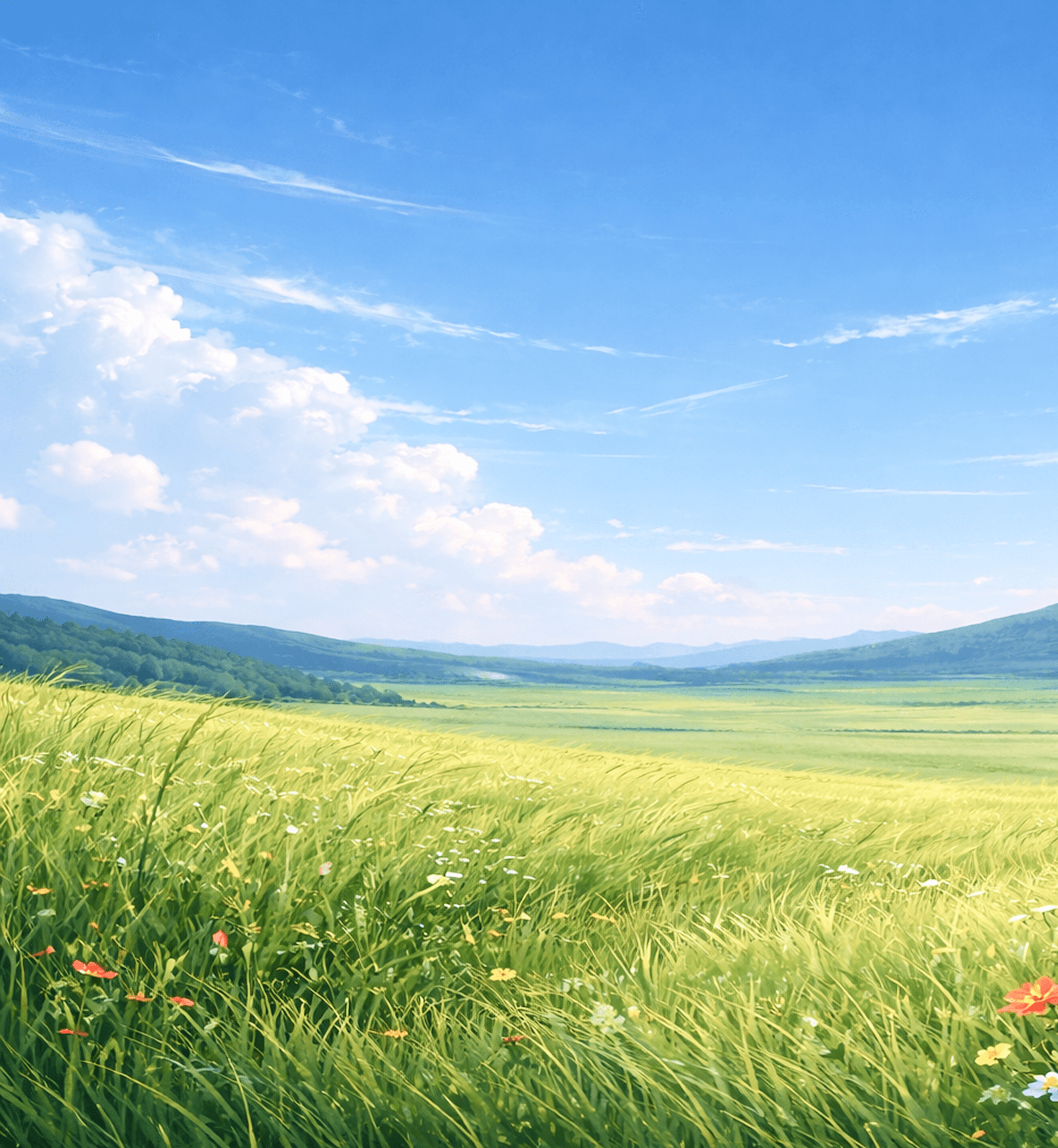 Green meadow with wildflowers under a blue sky.