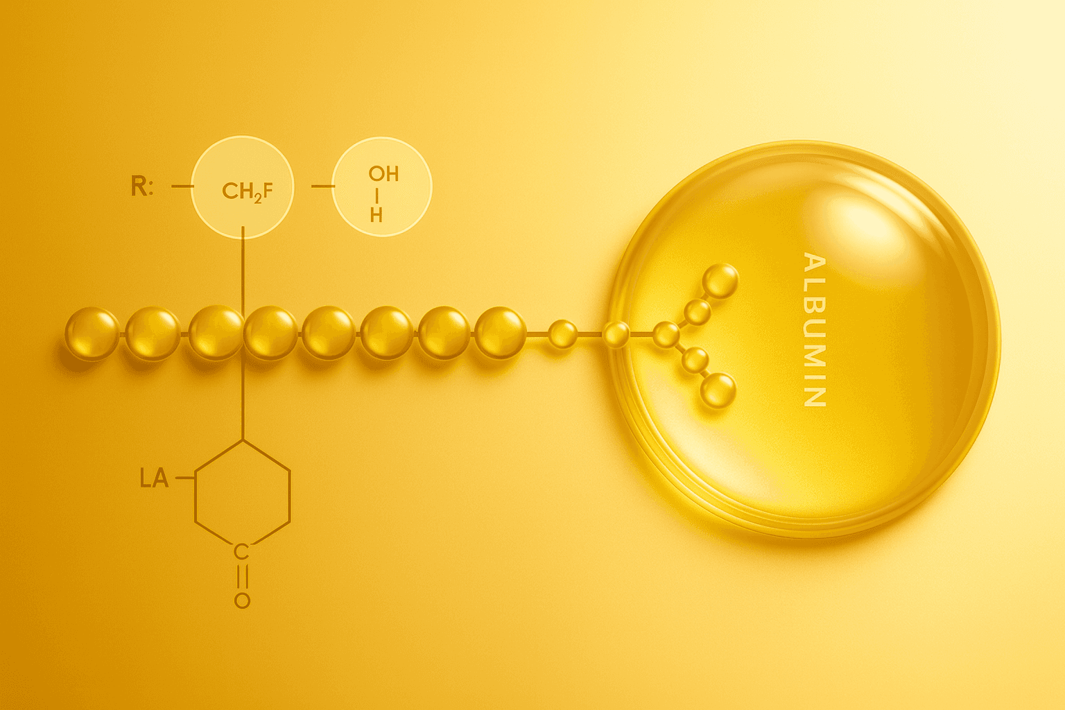 Diagram of a modified peptide chain with a fatty acid tail attached to an albumin protein