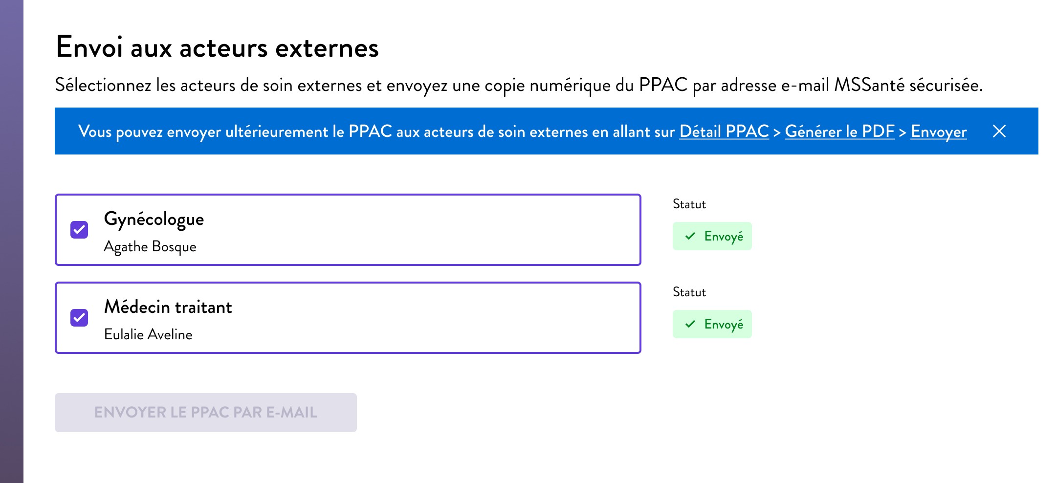 Envoi aux acteurs externes.