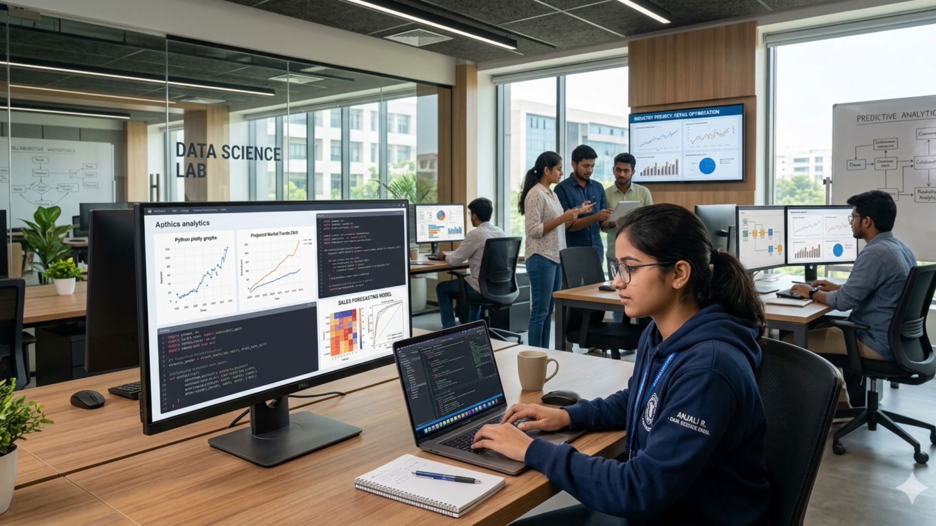 Student working on analytics and coding projects in a data science lab while exploring data science engineering scope