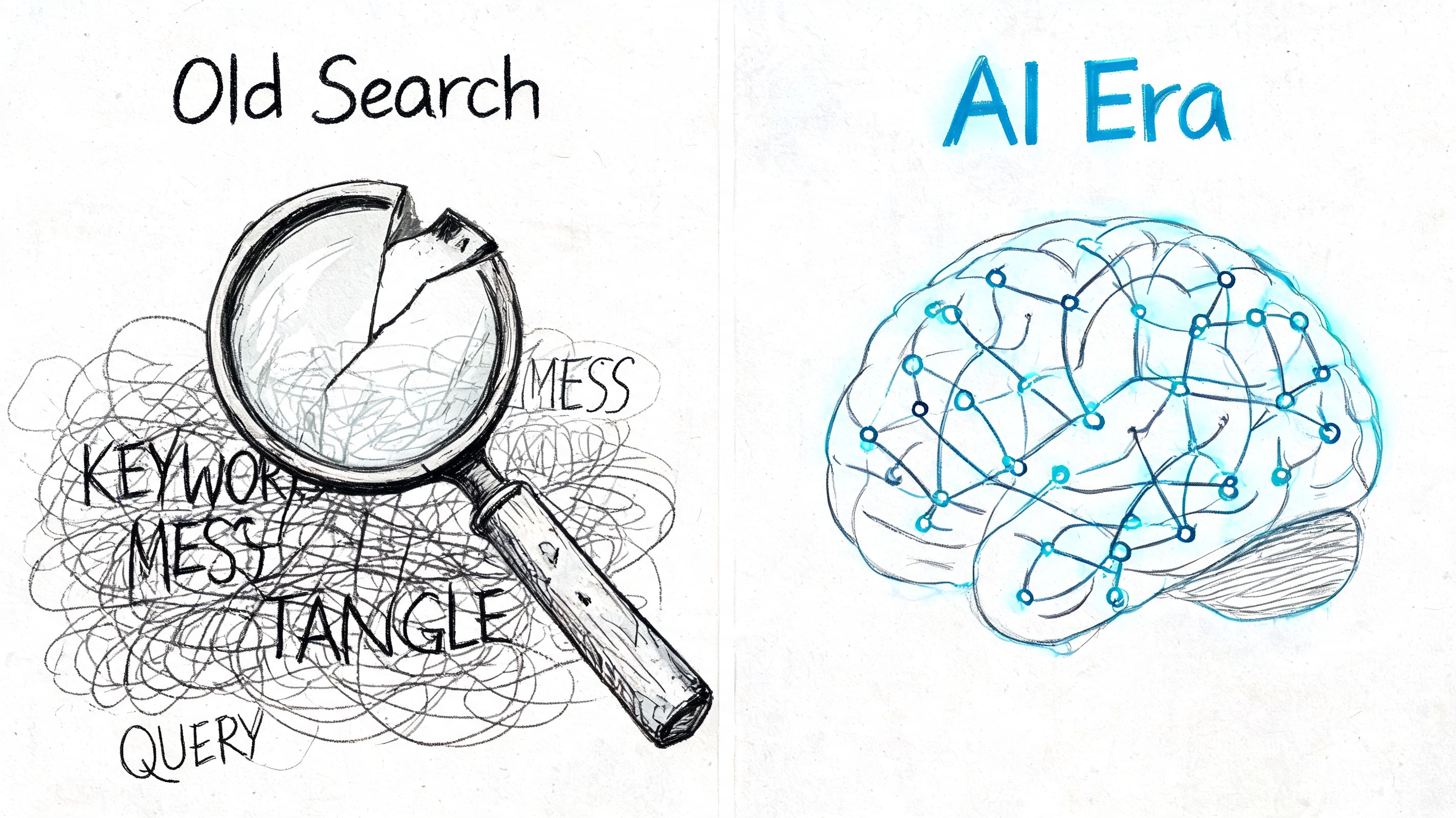 A comparison drawing illustrating the transition from keyword-based search to AI-powered neural network search intelligence.