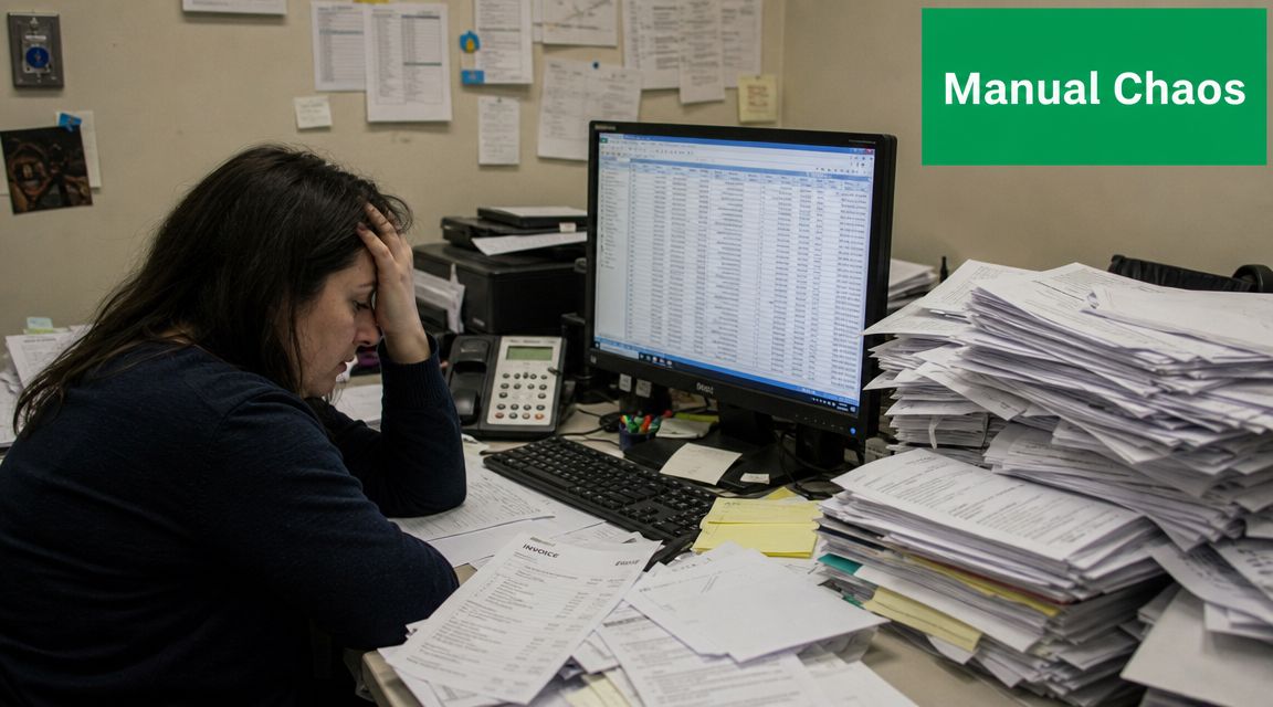 An overwhelmed woman sits at a cluttered office desk, struggling with manual paperwork and data entry tasks.
