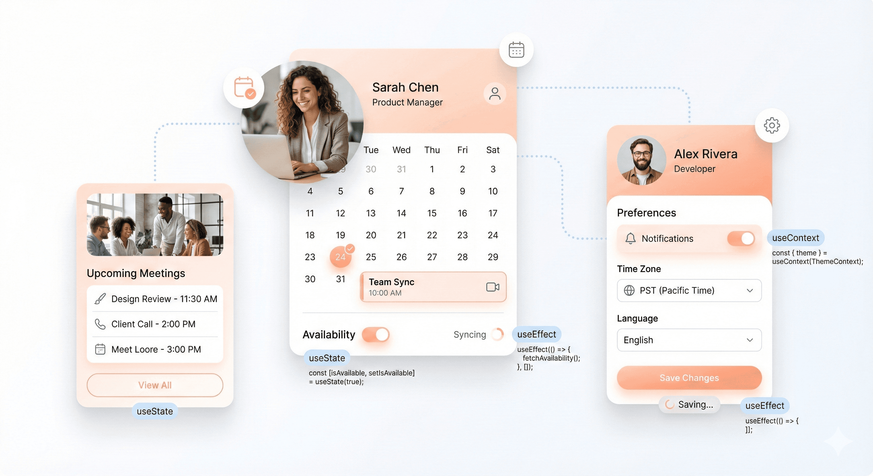 SaaS interface elements like toggles and loading states powered by React hooks such as useState and useEffect