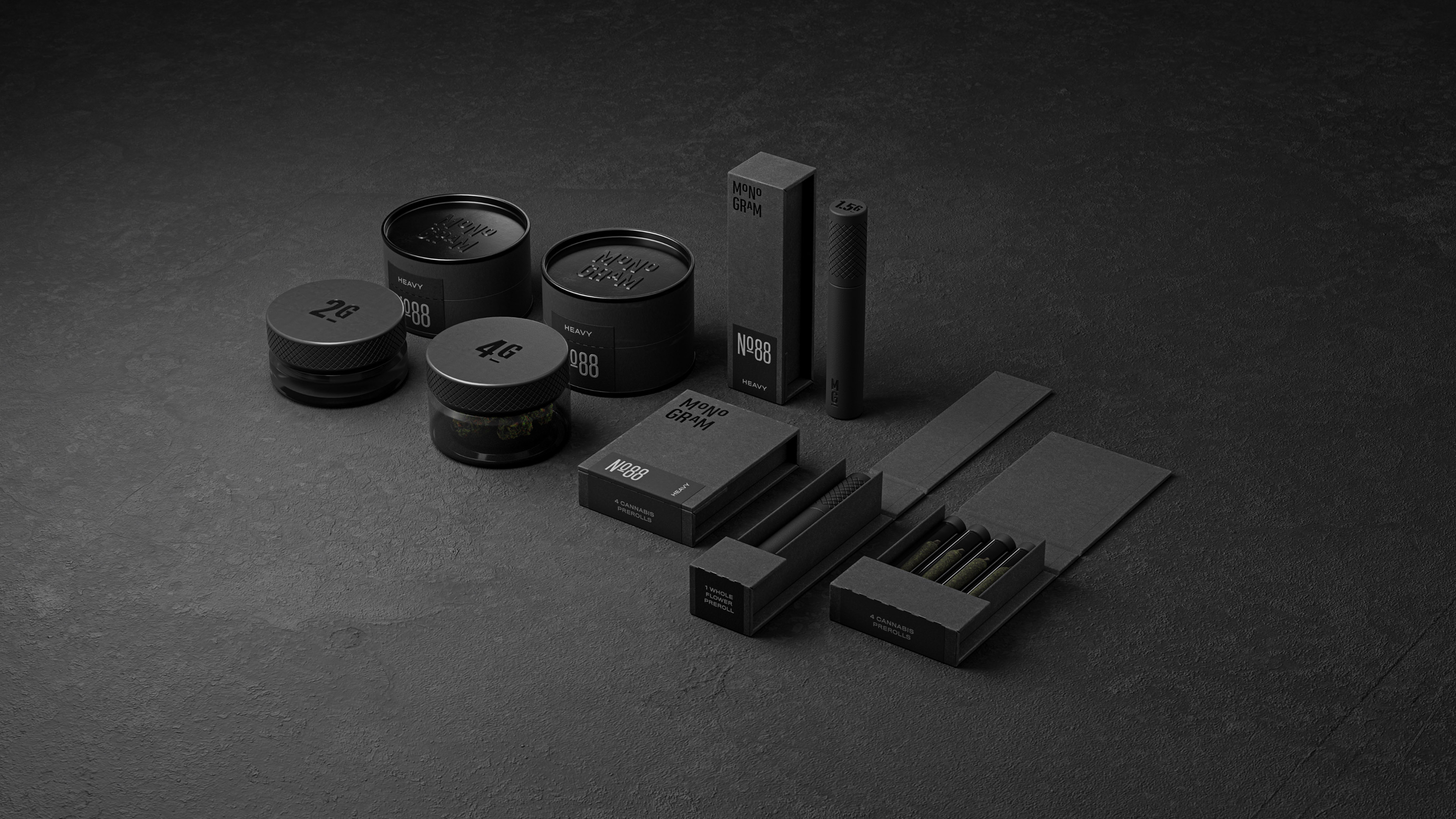 3D render showing a group of Monogram cannabis products arranged on a solid surface