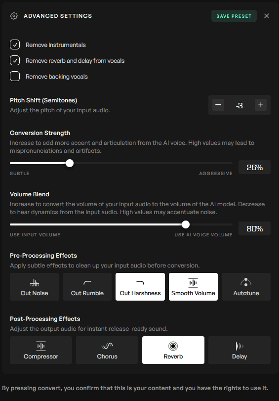 Advanced conversions settings unfurled