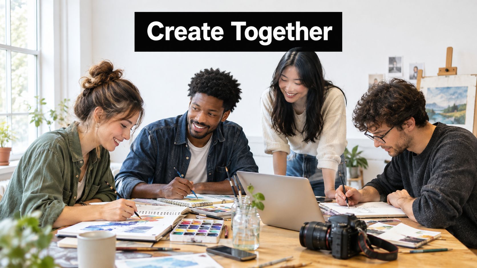 A diverse group of creative young adults collaborating and drawing together at a wooden table in an office.