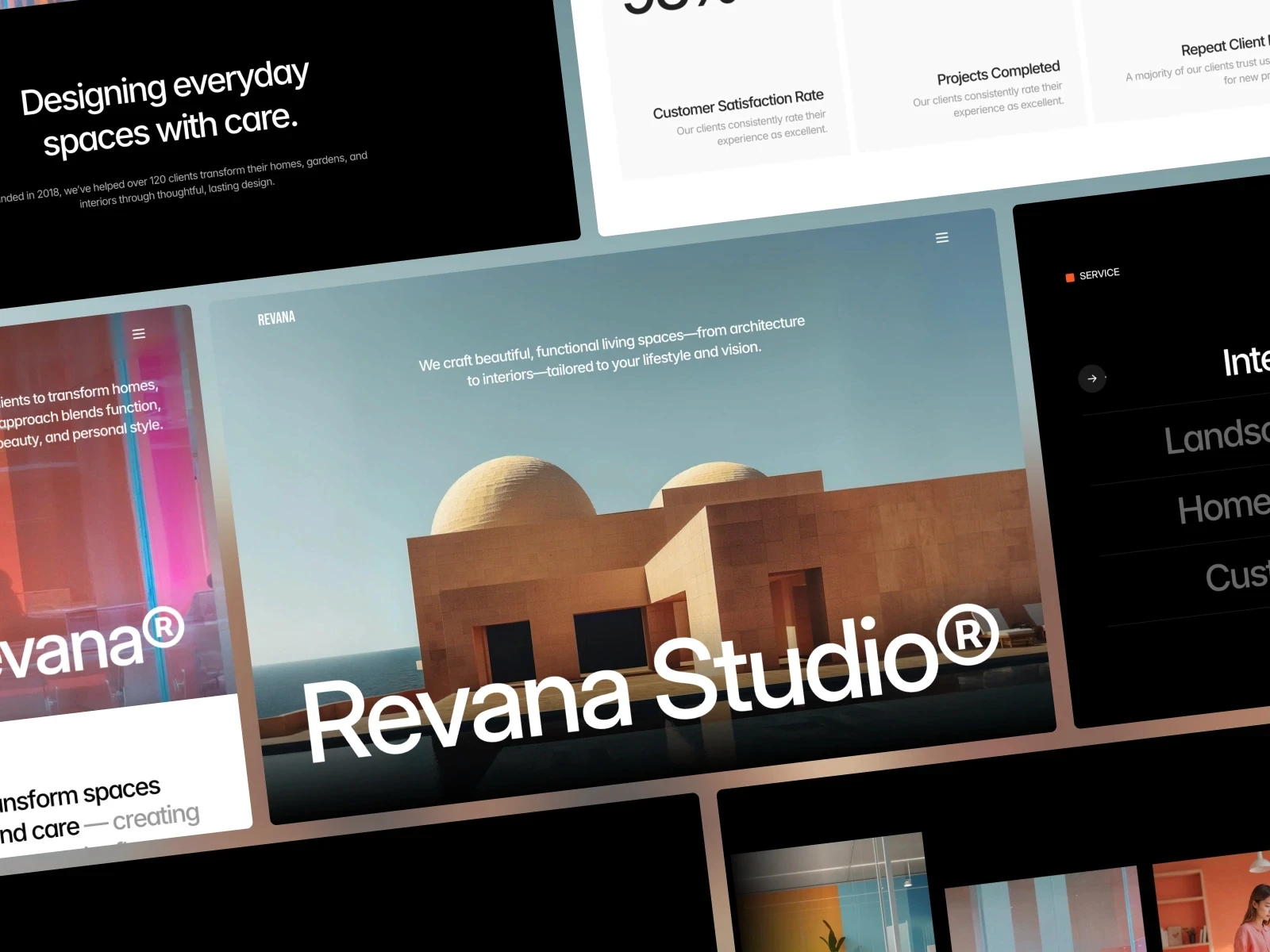 Revana Studio interior design website template featuring modern architecture and sleek UI.