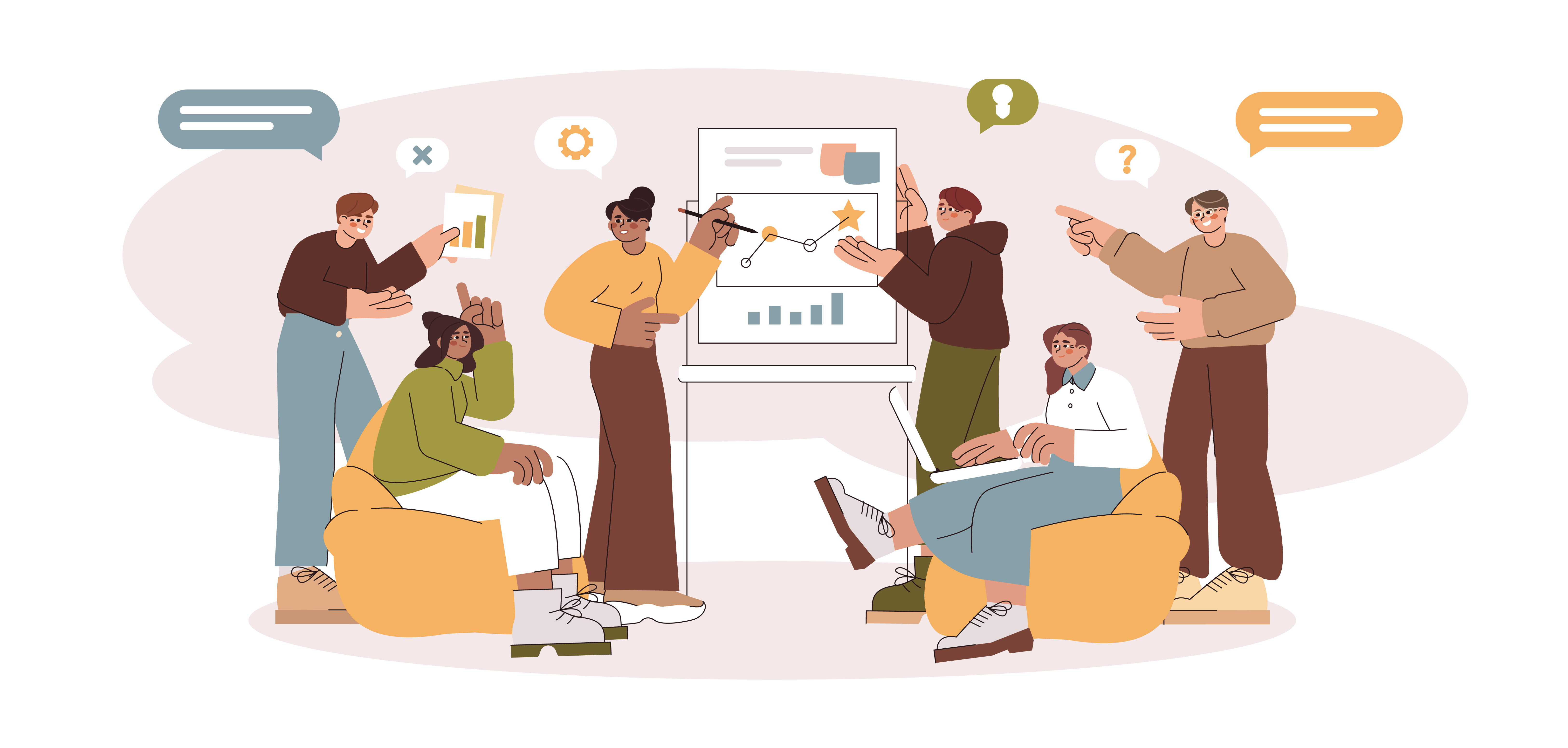 llustration of a team discussing plans around a whiteboard, representing worship team communication and coordination.