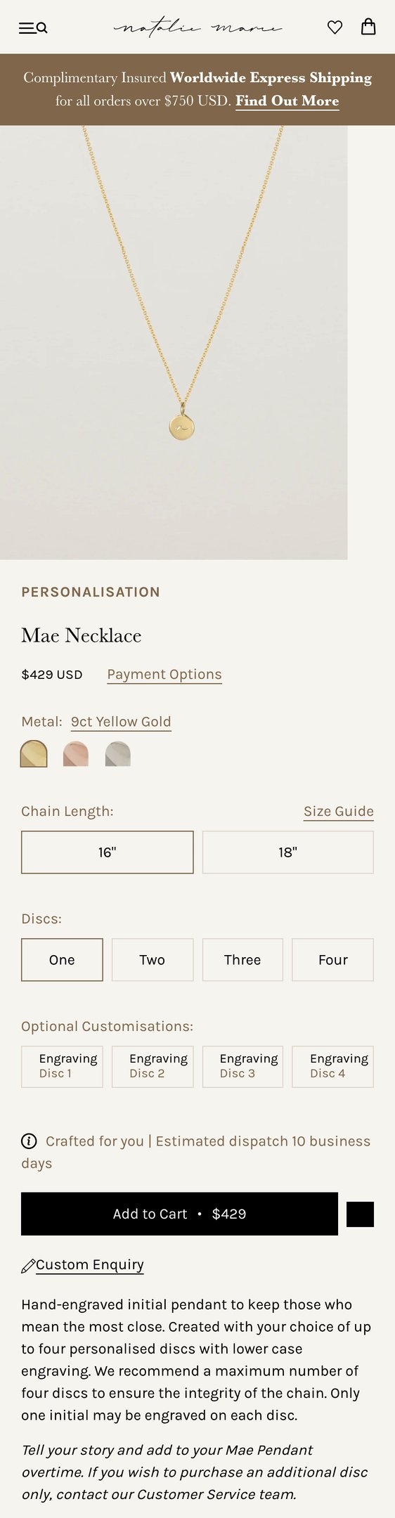 Jewelry product options include: necklace, pendant for Mae Necklace from Natalie Marie Jewellery.