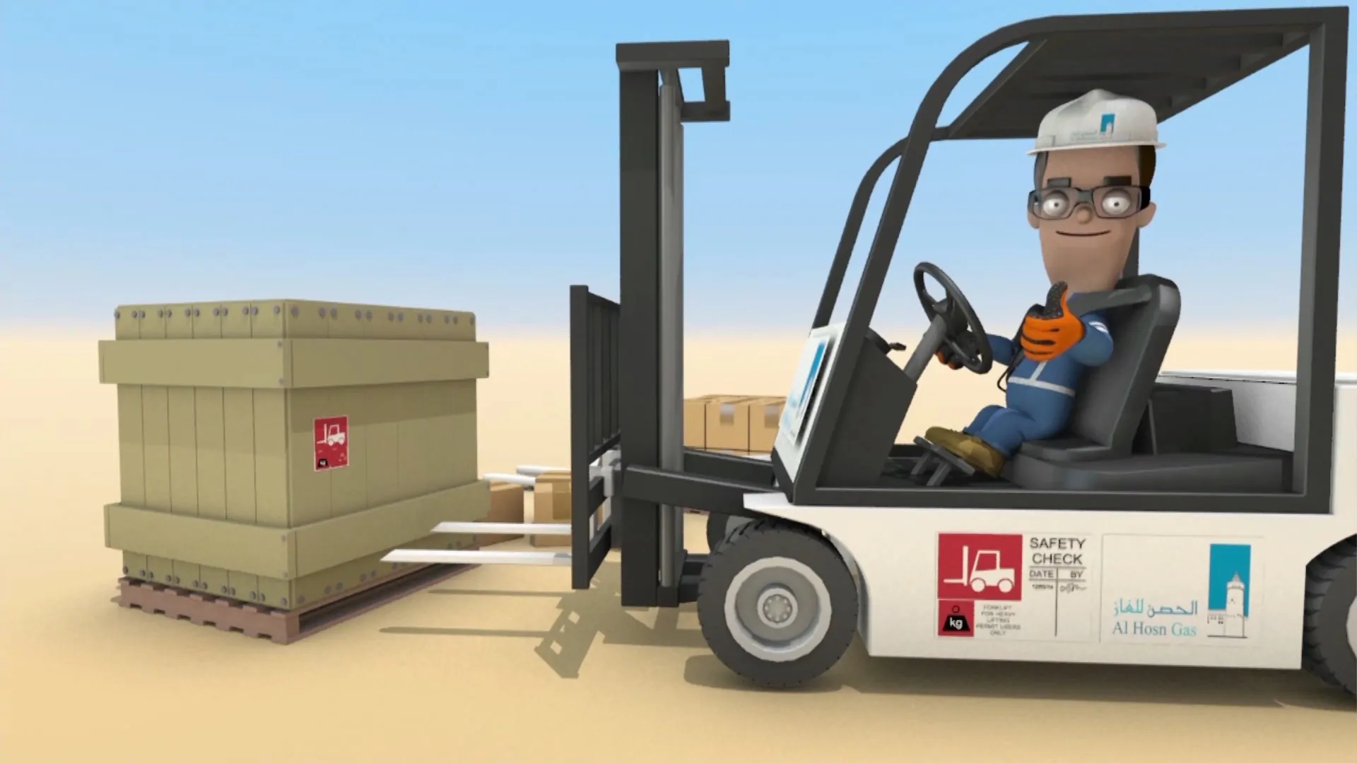 3d health and safety animation character operating a forklift in alhson elearning by a safety video company in abu dhabi