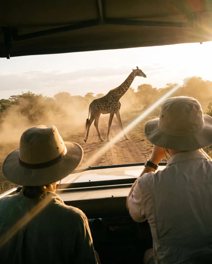 Travellers watching a giraffe on safari