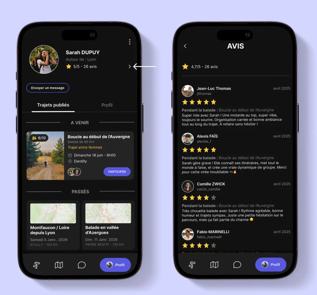 Notification On Wheels indiquant qu’un trajet est terminé et invitant à laisser un avis