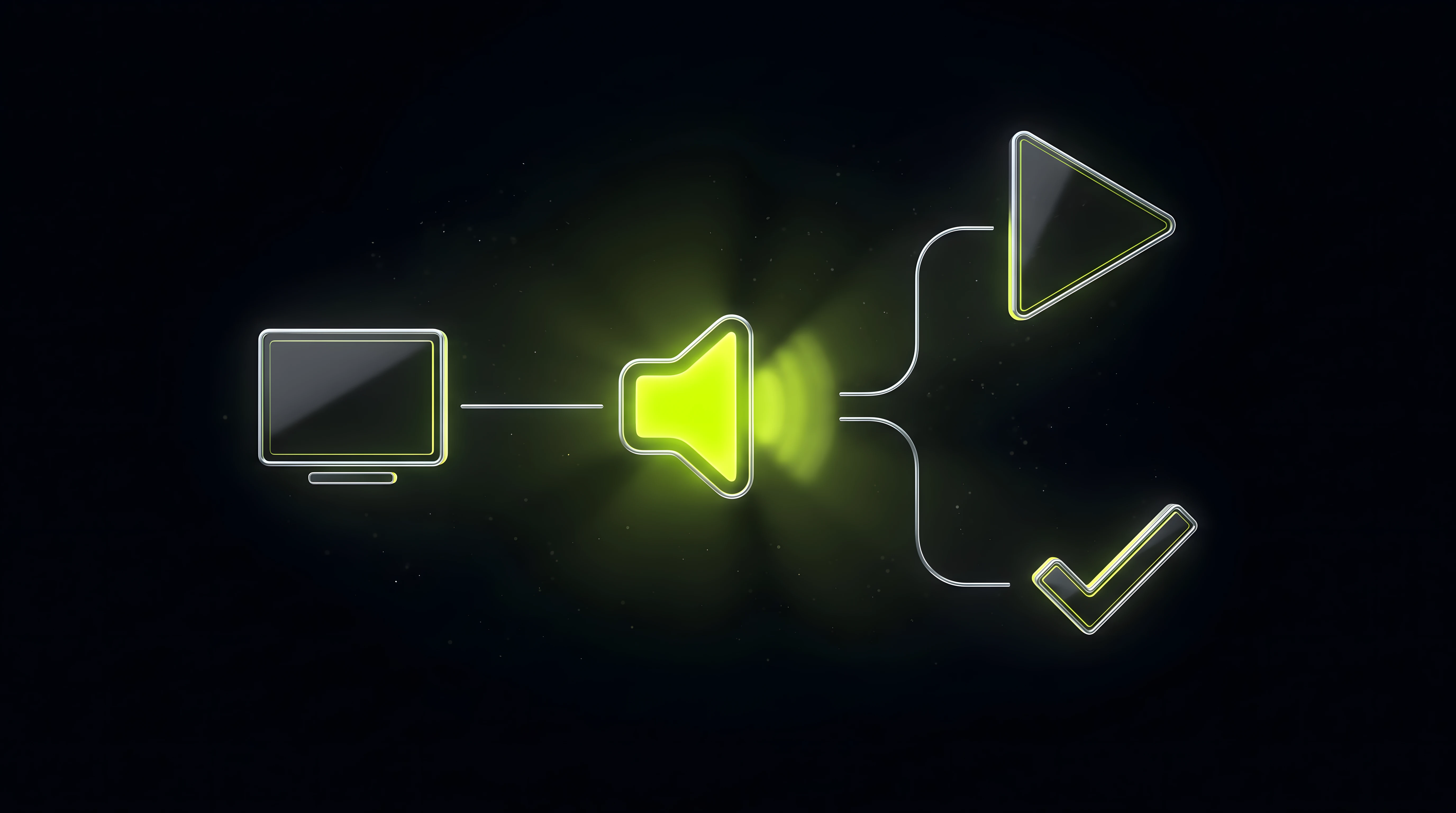 Abstract diagram in liquid chrome and toxic lime showing sound cues branching to different brand surfaces — app, video, checkout — against deep void black.