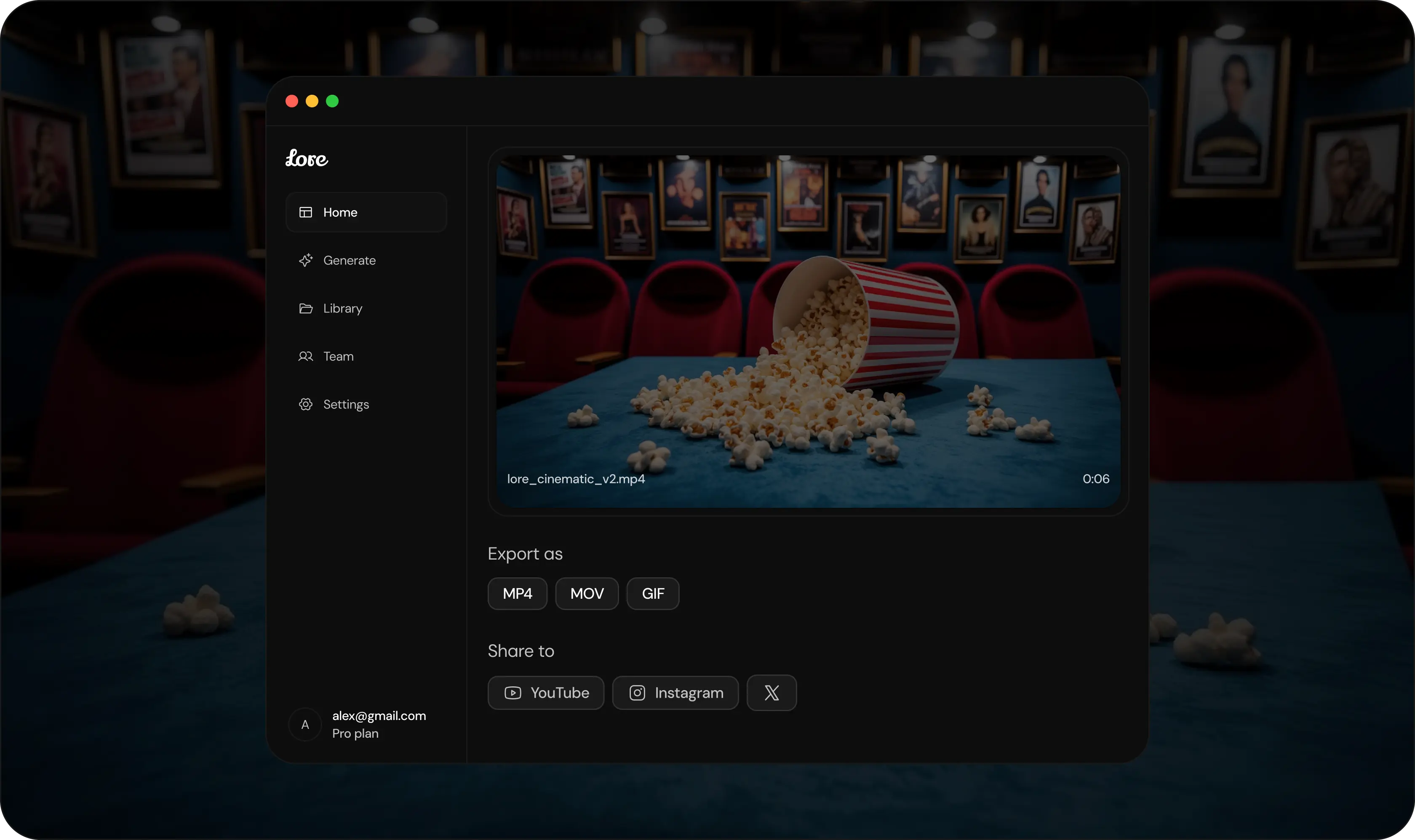 Lore dashboard showing video export panel with MP4, MOV, GIF options